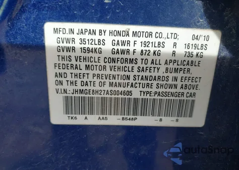 2010 Honda Fit z USA, uszkodzony, nr VIN JHMGE8H27AS004605